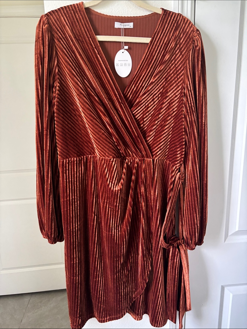 Pleated Rust Velvet Wrap Dress with Long Sleeves